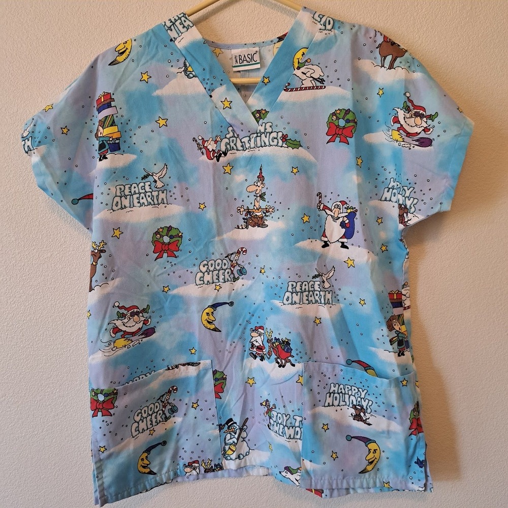 Simply Basic Christmas Holiday Scrub Top Blue Cartoon Santa Reindeer V-Neck XL